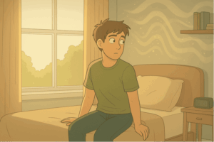 Worried young person sitting on the edge of the bed, looking uncertain.