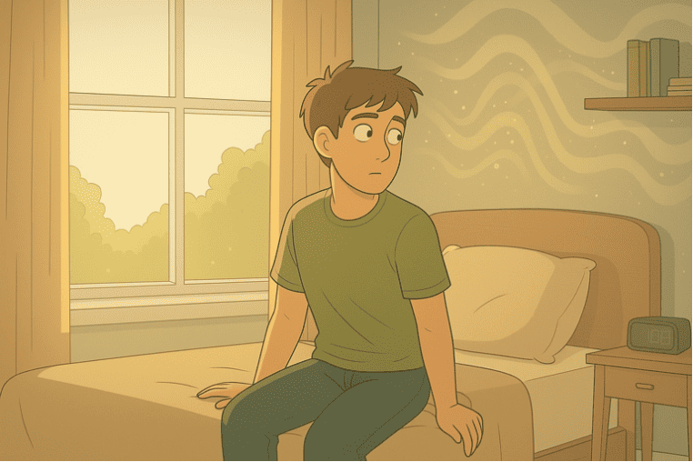 Worried young person sitting on the edge of the bed, looking uncertain.