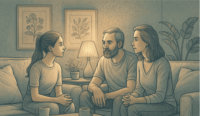 A family having a calm, supportive conversation in their living room, with parents listening attentively to their teenager discussing their sleep challenges.