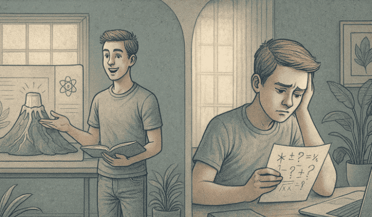 An illustration of a teen confidently presenting a science project while looking uncertain at a math worksheet, showing the contrast in abilities across different subjects.
