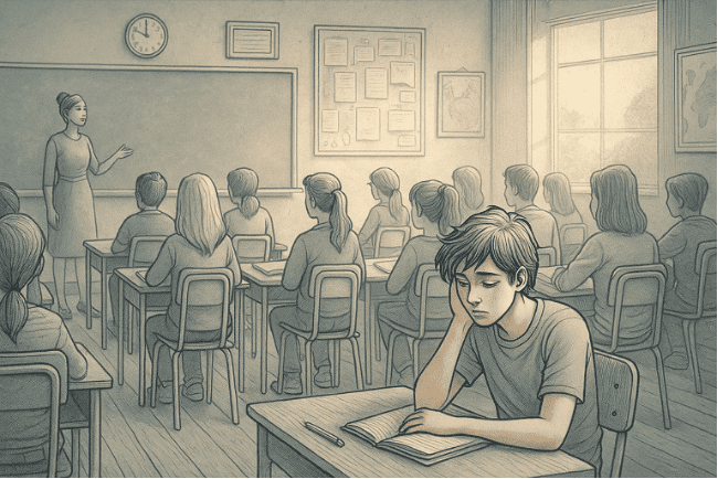 Illustration of a classroom: a tired boy slumps at a front desk with an open notebook while a teacher lectures and other students face the board.