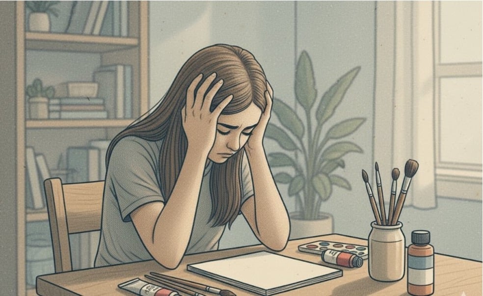Stressed woman with her hands on her head, sitting before a blank canvas and art supplies.