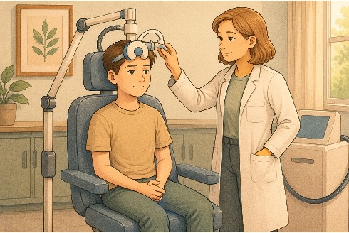 A clinician administering a TMS session to an adolescent patient as part of a structured depression treatment program. 