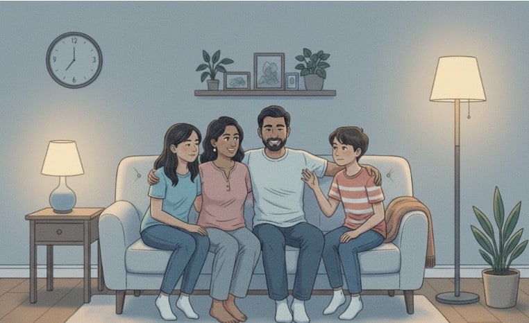 A happy family of four sitting together on a couch in a warmly lit living room.
