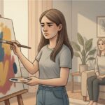 Young woman painting colorful abstract art while crying.