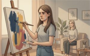 Young woman painting colorful abstract art while crying.