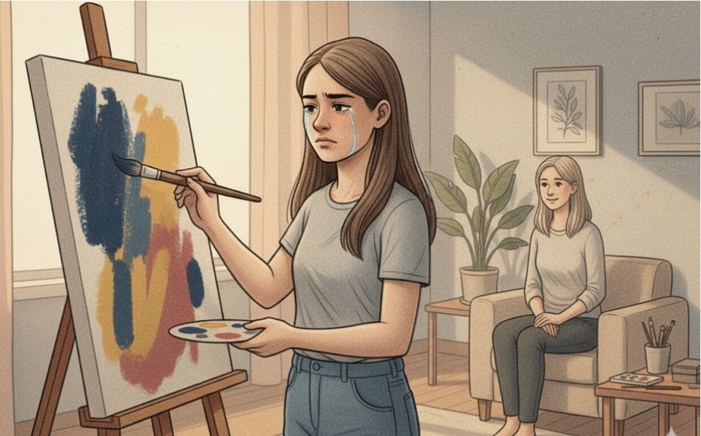 Young woman painting colorful abstract art while crying.