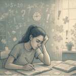 Illustration of a teen sitting at a desk with school materials, looking frustrated, with visual symbols representing attention challenges and academic difficulties floating around them.