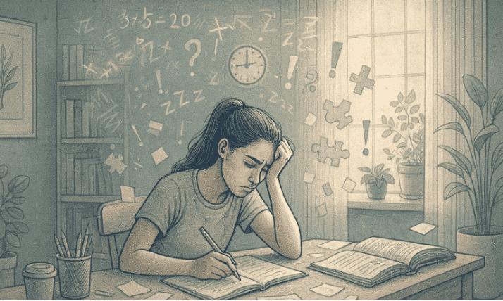 Illustration of a teen sitting at a desk with school materials, looking frustrated, with visual symbols representing attention challenges and academic difficulties floating around them.