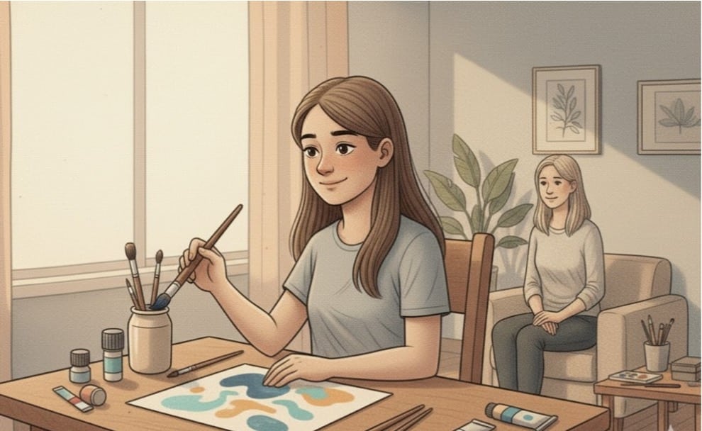 Woman painting abstract art at a table with art supplies and brushes in a warm-lit room.