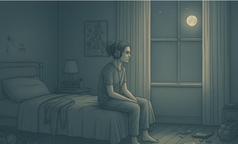 A person wearing headphones sitting alone on a bed at night, gazing at the moonlight through a window.