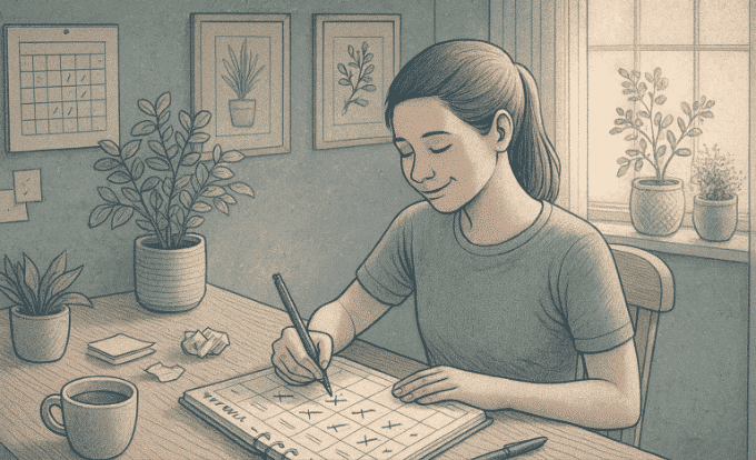 An illustration of a teen sitting at a desk with a planner, thoughtfully reviewing their schedule and crossing out excessive commitments, looking relieved.