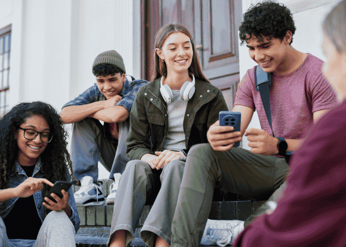 Teeange girl with friends sitting on step outside laughing after treatment for physical symptoms of social anxiety & panic in teens