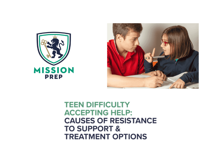Mission Prep logo and teen difficulty accepting help image