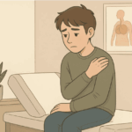 Teen sitting in medical waiting room, holding their shoulder in pain
