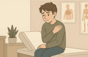 Teen sitting in medical waiting room, holding their shoulder in pain