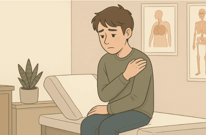 Teen sitting in medical waiting room, holding their shoulder in pain