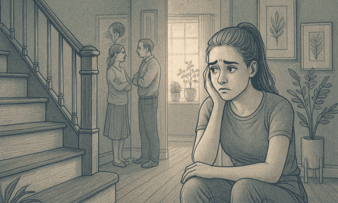An illustration of a teen sitting on stairs inside a home, looking thoughtful and slightly worried, with family members in the background having a discussion.