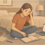 Teen appearing fatigued and overwhelmed at their desk, reflecting depressive symptoms that TMS treatment aims to address.