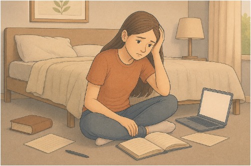 Teen appearing fatigued and overwhelmed at their desk, reflecting depressive symptoms that TMS treatment aims to address.