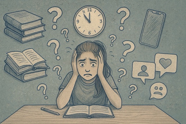 Illustration of a teenage student sitting at a desk surrounded by floating icons representing stress sources: textbooks, phones, clocks, social symbols, and question marks, looking overwhelmed.