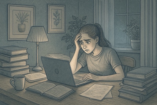 An illustration of a teen studying late at night at a desk covered with textbooks and papers, with a worried expression illuminated by laptop light.