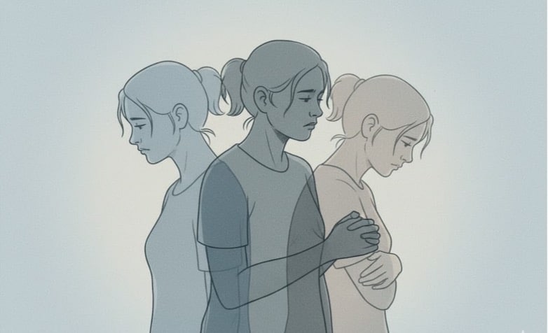 Overlapping silhouettes of multiple figures representing different perspectives or identities.