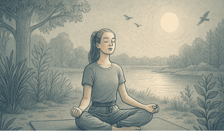 Illustration of a peaceful teen sitting cross-legged outdoors with eyes closed, practicing deep breathing, surrounded by nature and calming elements.