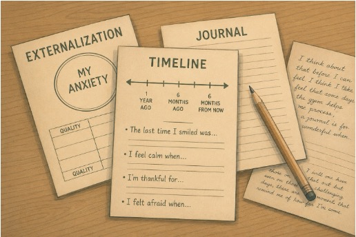 Narrative therapy worksheets, including a life timeline, externalization chart, and journal prompts, are used to help teens engage with their personal stories between therapy sessions.