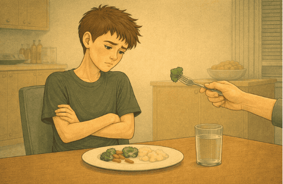 Teen showing food refusal behavior associated with ARFID