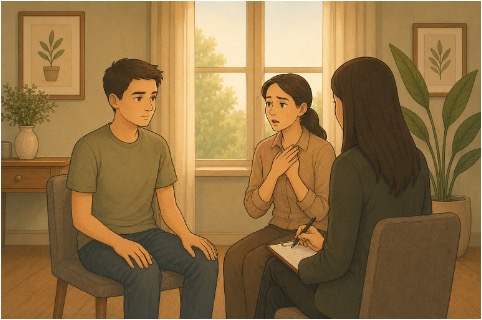 Mother and son participating in family therapy to address enmeshment and rebuild healthy boundaries. 