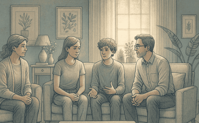 An illustration of a family group therapy session where parents and teens are sitting together, looking engaged and supportive.