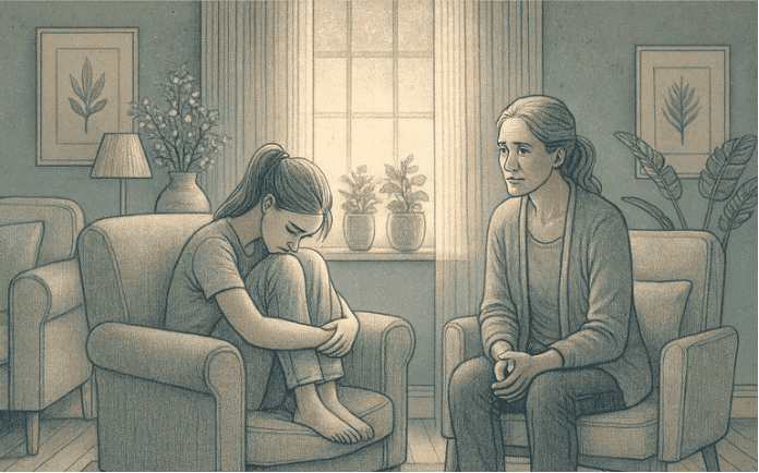 An illustration showing a parent sitting quietly near a distressed teen who is curled up on a chair, maintaining a respectful distance while staying present.