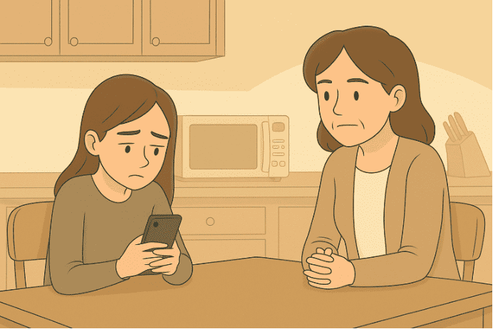 Girl looking worriedly at phone with woman | Mission Prep Healthcare