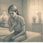 Illustration of a teenager sitting on the edge of their bed, looking distressed, holding their chest while taking deep breaths, with calming elements like soft lighting in the background.