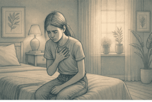 Illustration of a teenager sitting on the edge of their bed, looking distressed, holding their chest while taking deep breaths, with calming elements like soft lighting in the background.