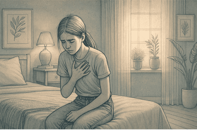 Illustration of a teenager sitting on the edge of their bed, looking distressed, holding their chest while taking deep breaths, with calming elements like soft lighting in the background.