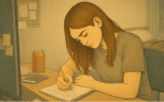 Teen completing CBT thought record worksheet to identify behavioral triggers and emotional patterns