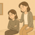 Mother sitting near daughter while she is upset.