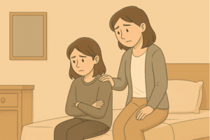 Mother sitting near daughter while she is upset.