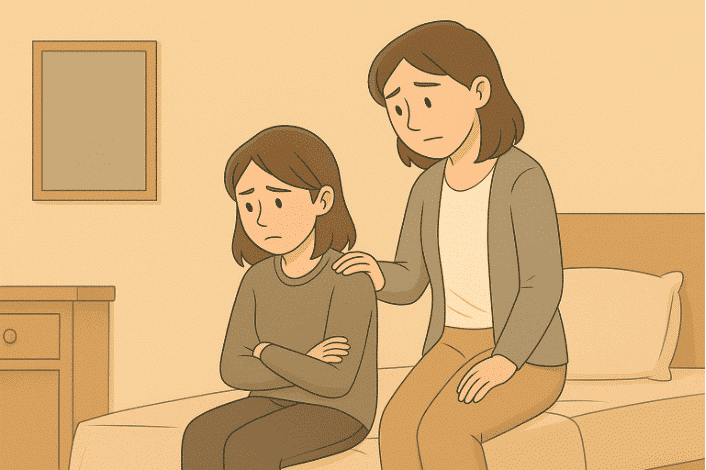 Mother sitting near daughter while she is upset.