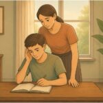 Mother closely monitoring her teen son studying, illustrating the overinvolvement seen in mother-son enmeshment.