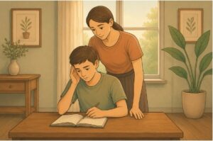 Mother closely monitoring her teen son studying, illustrating the overinvolvement seen in mother-son enmeshment.