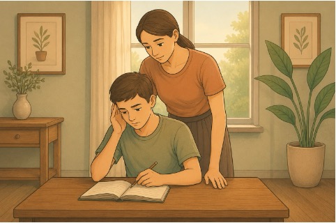 Mother closely monitoring her teen son studying, illustrating the overinvolvement seen in mother-son enmeshment.
