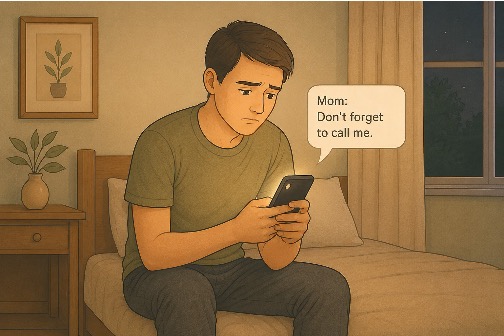 Worried teen reading a controlling text message from his mother, reflecting the lack of boundaries in an enmeshed mother-son relationship. 