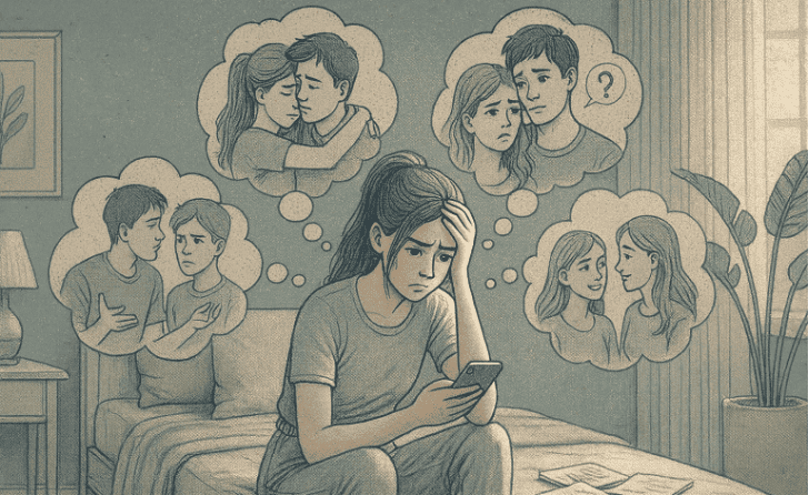 An illustration of a teenager looking anxiously at their phone, surrounded by thought bubbles showing conflicting emotions about their relationships.