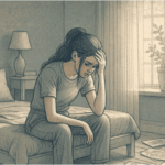 Illustration of a teenage girl sitting on her bed, looking distressed, surrounded by scattered journals and drawings, expressing confusion about her emotions.