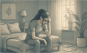 Illustration of a teenage girl sitting on her bed, looking distressed, surrounded by scattered journals and drawings, expressing confusion about her emotions.