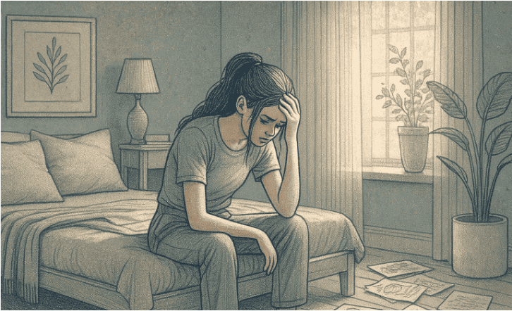 Illustration of a teenage girl sitting on her bed, looking distressed, surrounded by scattered journals and drawings, expressing confusion about her emotions.
