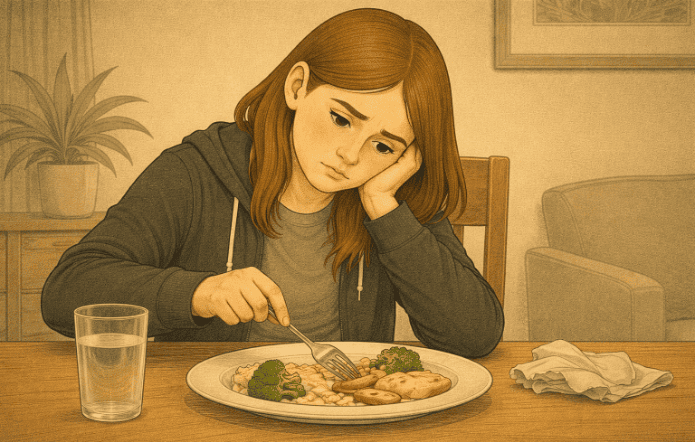 A teenage girl displaying a lack of interest in food, a key sign of ARFID in adolescents.